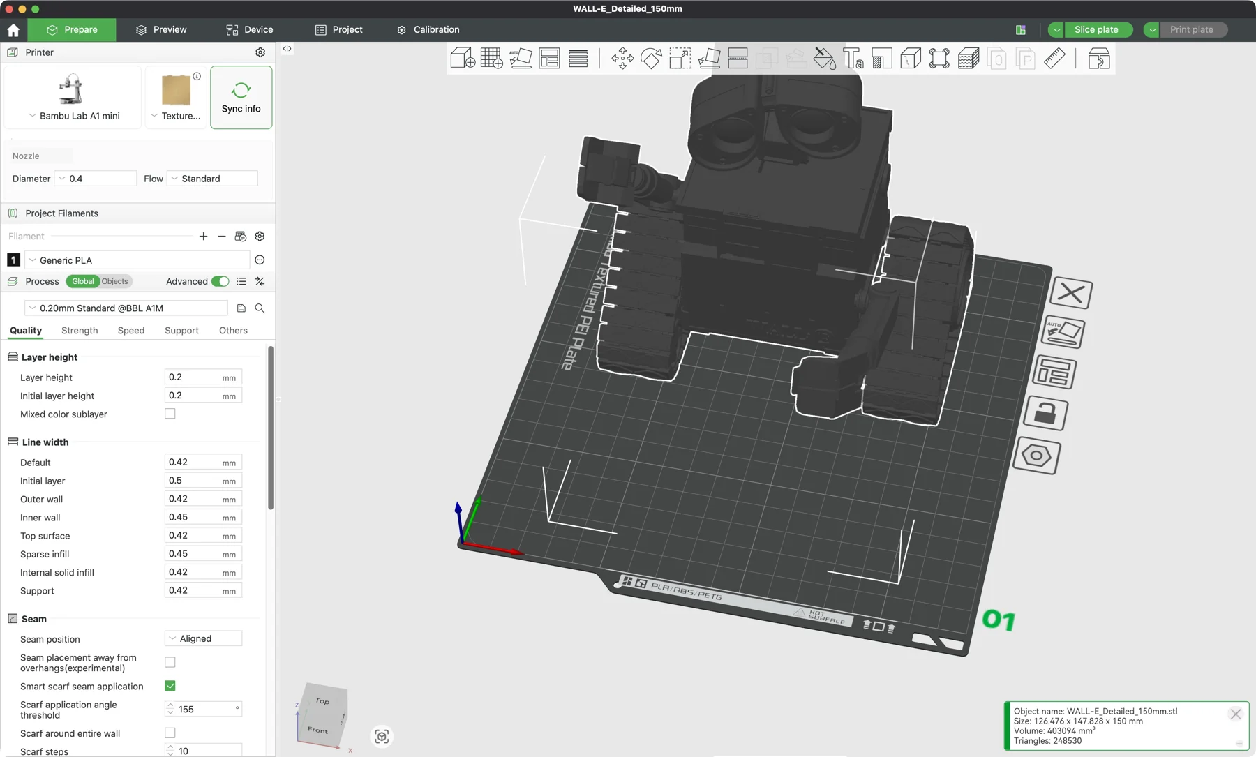 Bambu Studio showing a WALL-E model on an A1 mini build plate, Generic PLA and a 0.20 mm layer setting. The dimensions shown are 126.476 × 147.828 × 150 mm.